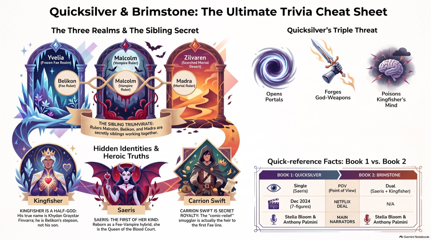Illustrated cram sheet for Quicksilver and Brimstone: Saeris, Kingfisher, the three rival rulers and the terms the host will use.
